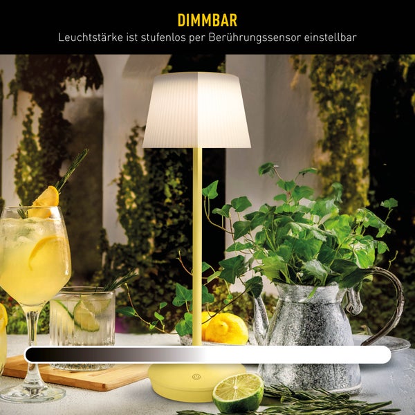 Solar-Akkutischleuchte EMMI  38 cm hoch, Schirm Ø 13 cm, Metall in Gelb und weißer Kunststoff, für den Außenbereich, dimmbar CCT.