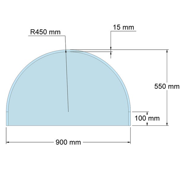 Technische Zeichnung Bodenplatte: Breite 900 Millimeter, Höhe 550 Millimeter, Radius 450 Millimeter, Kante 100 Millimeter, Stärke 15 Millimeter.
