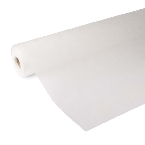 Rolle weißes Renoviervlies aus glattem Vliesmaterial, teilweise abgerollt.