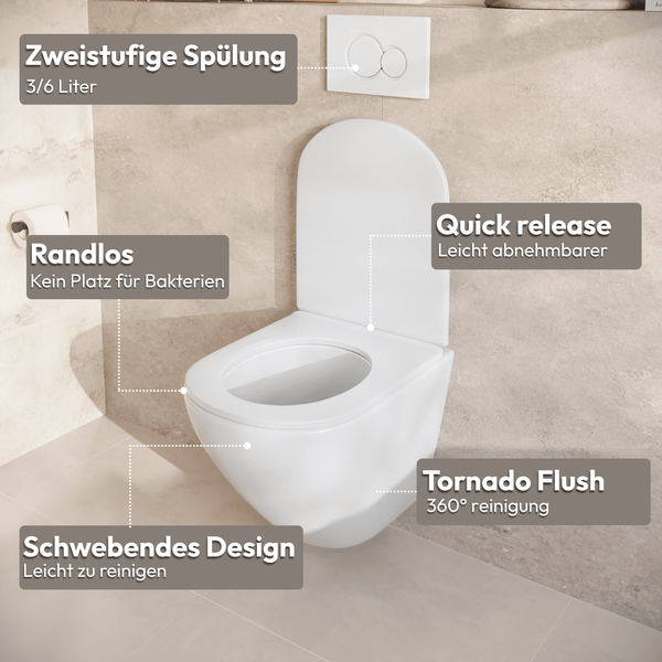 Wandhänge WC mit Tornado Spülung, randlosem Design, abnehmbarem Deckel und zweistufiger Spültechnik in modernem Badezimmerambiente.