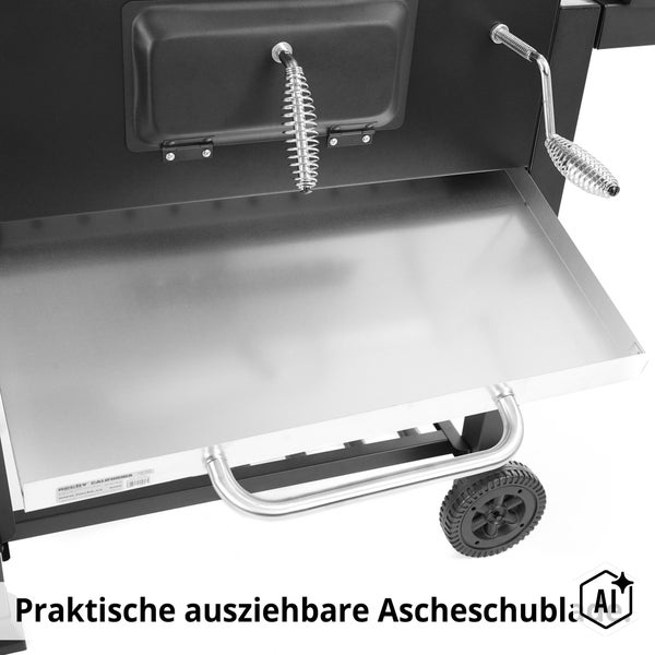 Ausziehbare Ascheschublade eines Grills mit Metallgriff und Federelementen am Hecht California Grillmodell.