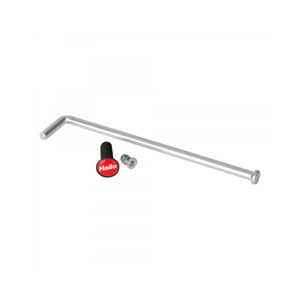 Hailo Ersatzteilset mit Metallstange, Schraube und Kunststoffstopfen mit Hailo Logo.