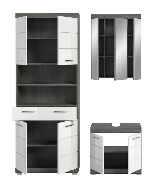 Badmöbel-Set bestehend aus Hochschrank, Spiegelschrank und Waschbeckenunterschrank mit weißen Fronten und Korpus in Holzoptik.
