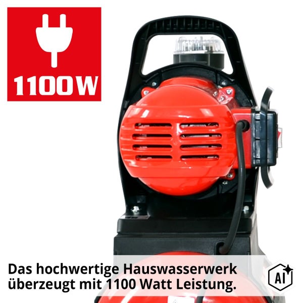 Hauswasserwerk mit 1100 Watt elektrischer Leistung, inklusive Tragegriff und Stromanschluss.