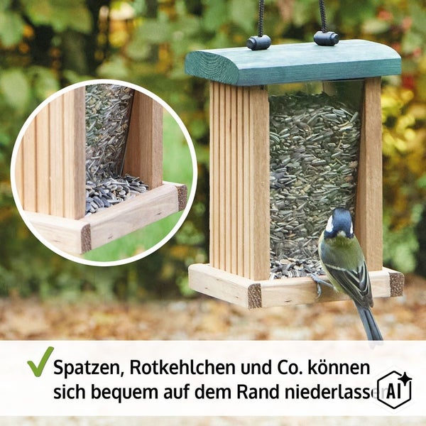 Holz Vogelhaus mit Vogelfutter und einer Meise, die auf der Landestange sitzt, inklusive Detailansicht des Futterbehälters.