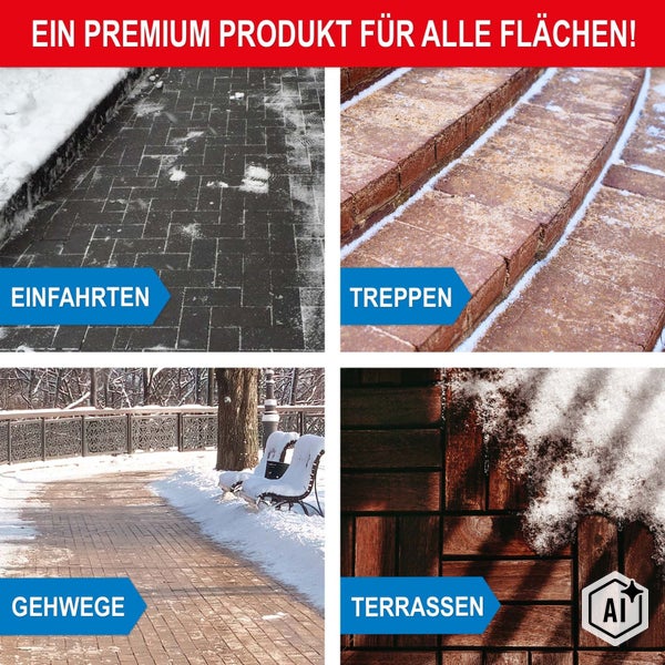 Vier Anwendungsbeispiele für Streugut auf Einfahrten, Treppen, Gehwegen und Terrassen im Winter.