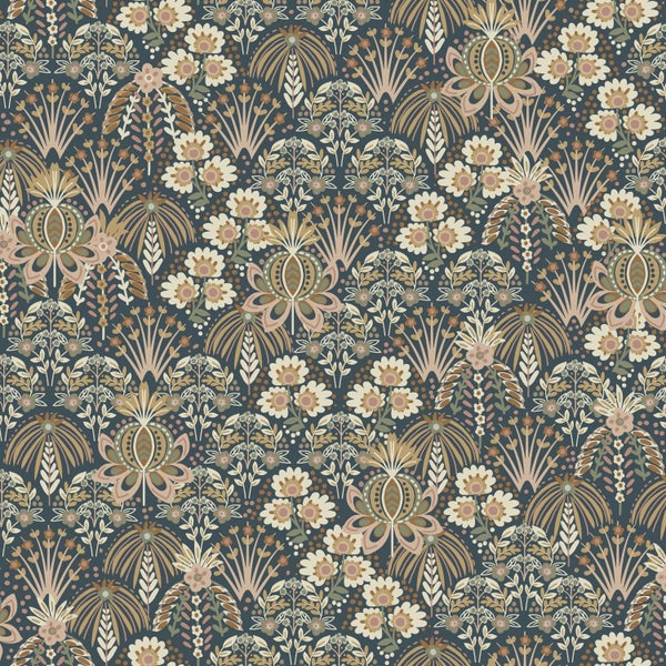 ESTAhome Tapete Blumenmuster im Jugendstil Dunkelblau - 50 x 900 cm - 130975