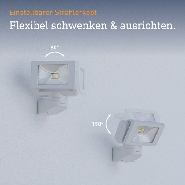 Zwei Steinel LED Strahler mit schwenkbarem Kopf zur flexiblen Ausrichtung mit 80 Grad und 150 Grad Einstellwinkel.