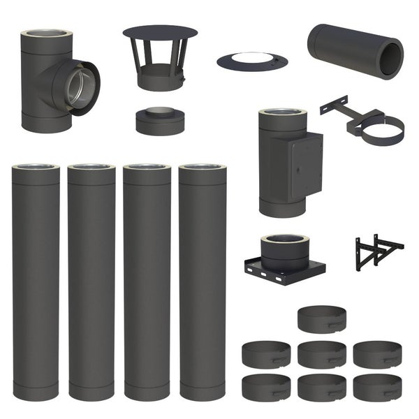 Doppelwandiges Edelstahlschornstein-Set in Schwarz mit Rohren, T-Stück, Regenhaube, Reinigungselement und Wandhalterungen.