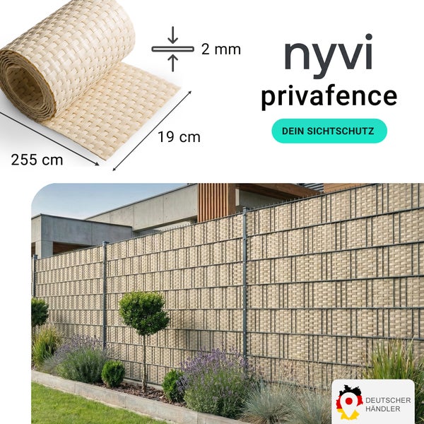 Nyvi Privafence Sichtschutzstreifen für Doppelstabmattenzäune, 19 Zentimeter breit, 2 Millimeter dick, 255 Zentimeter lang als Rolle.