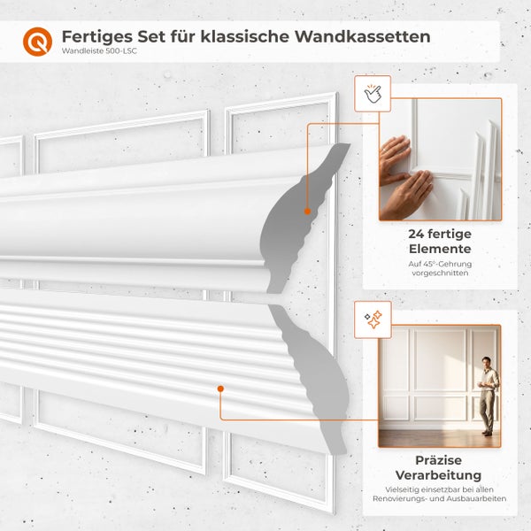 Set für klassische Wandkassetten mit 24 auf 45 Grad Gehrung vorgeschnittenen Wandleisten 500 LSC für eine präzise Wandgestaltung.