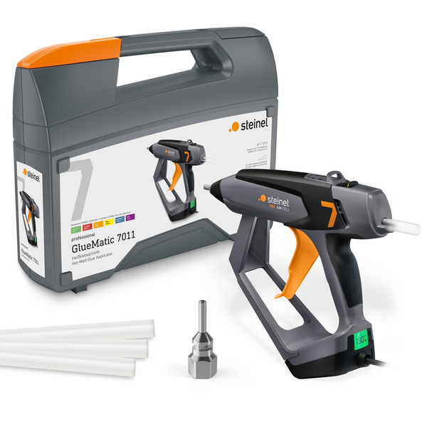 Steinel Heißklebepistole GlueMatic 7011 im Koffer mit Zubehör und Klebesticks für 11 Millimeter Klebesticks mit präziser Temperatureinstellung.