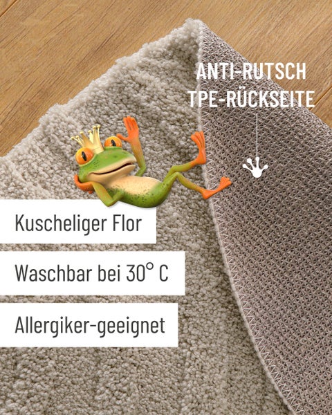 Teppich mit weichem Flor und rutschfester TPE-Rückseite, waschbar bei 30 Grad Celsius und für Allergiker geeignet.