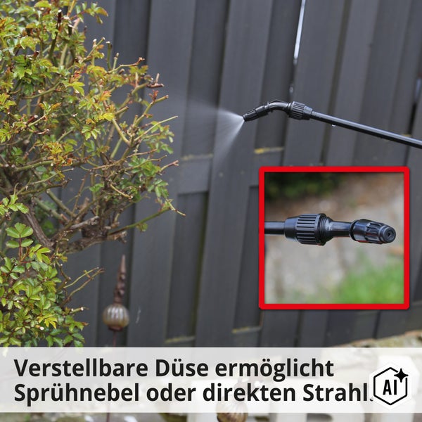 Drucksprühgerät mit verstellbarer Düse zur Wahl zwischen Sprühnebel und direktem Strahl für die Pflanzenpflege im Garten.
