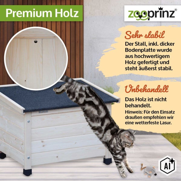 Unbehandeltes Katzenhaus aus Holz mit stabiler Bodenplatte und Dach, Zooprinz Logo
