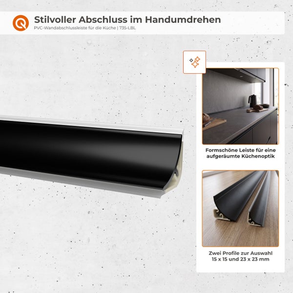 PVC Wandabschlussleiste für die Küche zur sauberen Kantenabdeckung in verschiedenen Größen mit Montagebeispiel.