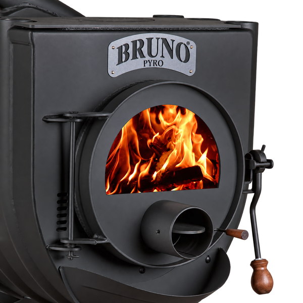 Bruno Pyro Holzofen mit Sichtfenster und brennendem Feuer im Brennraum