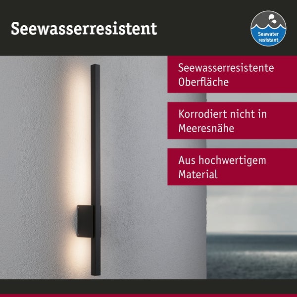 Moderne schwarze Wandleuchte in vertikalem Design mit seewasserresistenter Oberfläche, ideal für Küstennähe.