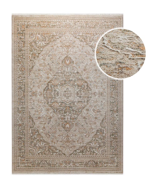 Rechteckiger Teppich mit orientalischem Vintage-Muster, zentralem Medaillon und dekorativem Rand, inklusive Detailansicht der Textur.