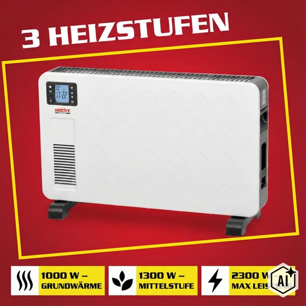 Hecht Konvektor mit Display und drei Heizstufen mit 1000 Watt, 1300 Watt und 2300 Watt Leistung für effiziente Raumheizung