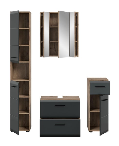 Badezimmermöbel-Set: Hochschrank, Spiegelschrank, Waschbeckenunterschrank und Beistellschrank in Holzoptik mit anthrazitfarbenen Fronten.