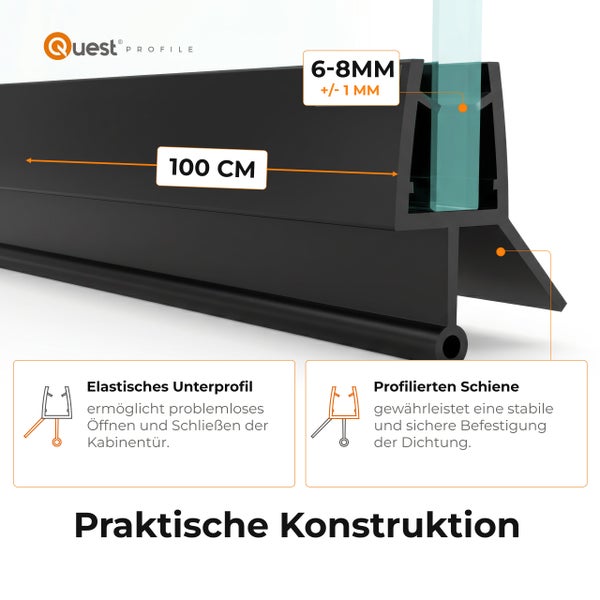 Quest Profile Duschdichtung für 6 bis 8 Millimeter Glasstärke, Länge 100 Zentimeter, mit elastischem Unterprofil und profilierter Schiene.