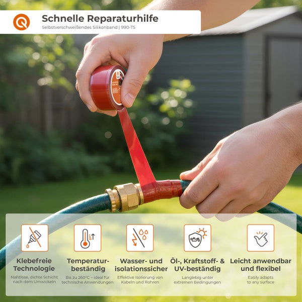 Anwendung von selbstverschweißendem Silikonband zur Reparatur eines Gartenschlauchs
