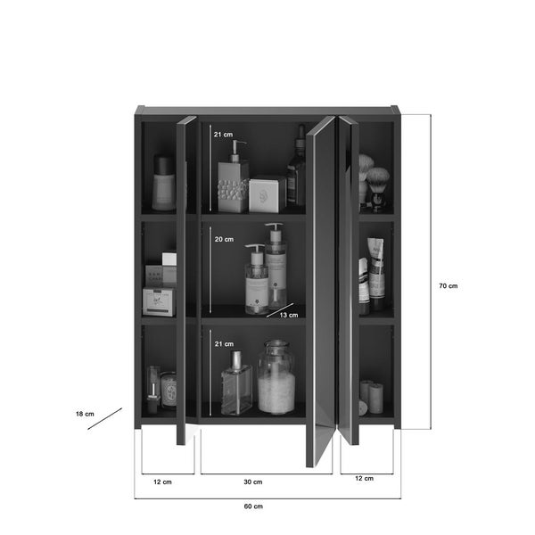 Linus Spiegelschrank Bad 3 Türen schwarz. 60 X 18 X 70 cm