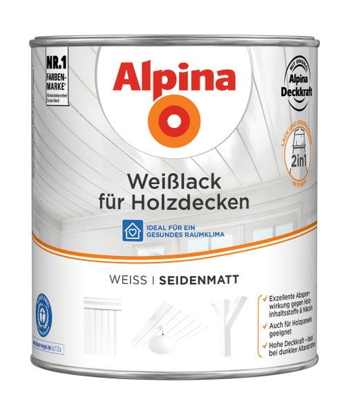 Alpina Weißlack für Holzdecken seidenmatt 2 in 1 Lack und Sperrgrund für Deckenpaneele
