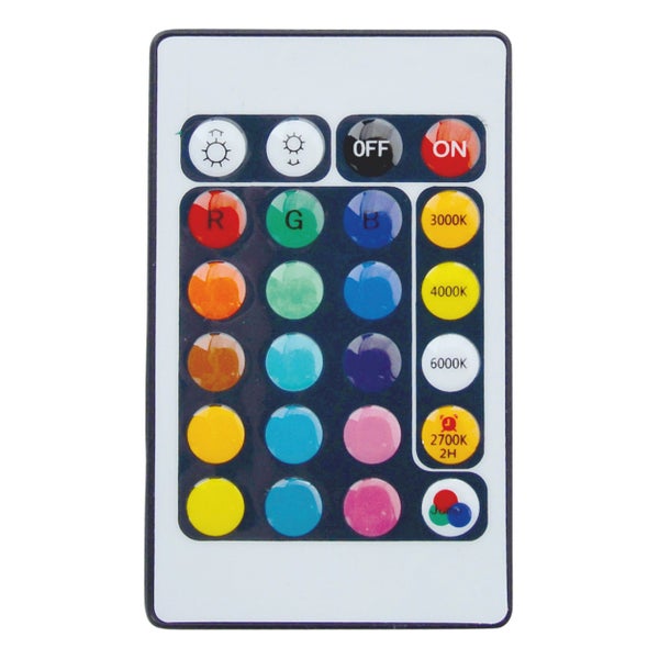 Fernbedienung für Leuchten mit verschiedenen Farbtasten und Helligkeitseinstellungen.
