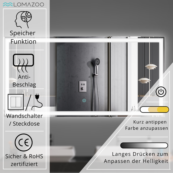 Rechteckiger Badezimmerspiegel mit LED Beleuchtung und Anti Beschlag Funktion sowie Speicherfunktion, steuerbar über Wandtaster oder Berührung