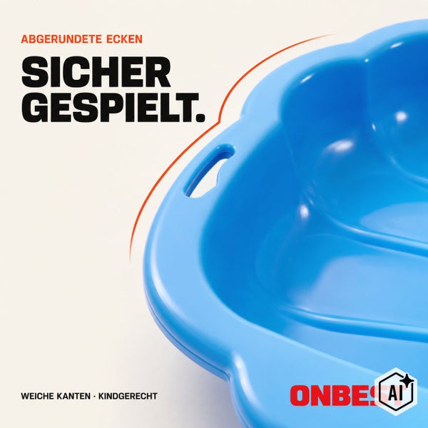 Kunststoff Sandkastenmuschel mit abgerundeten Ecken und weichen Kanten für sicheres Spielen im Garten.