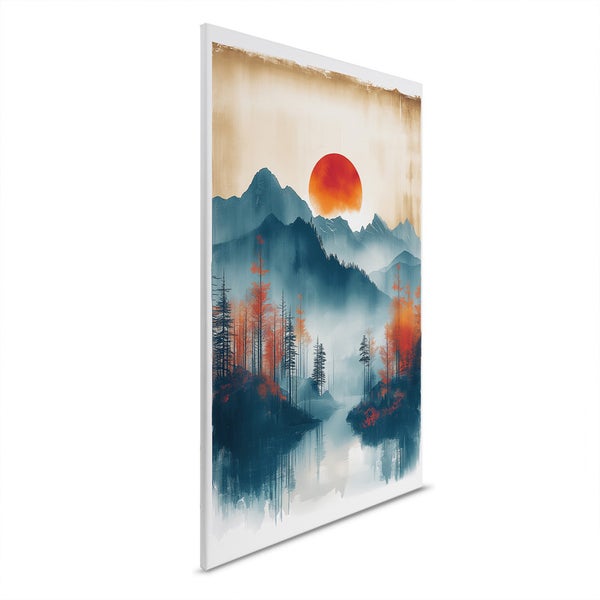 Wandbild mit Berglandschaft, Wald und roter Sonne