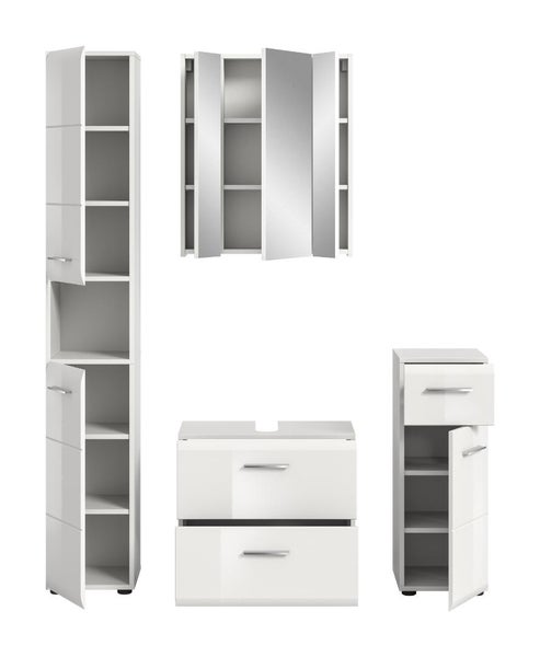 Weißes Badezimmermöbel-Set bestehend aus Hochschrank, Spiegelschrank, Waschbeckenunterschrank und Seitenschrank mit teilweise geöffneten Türen.