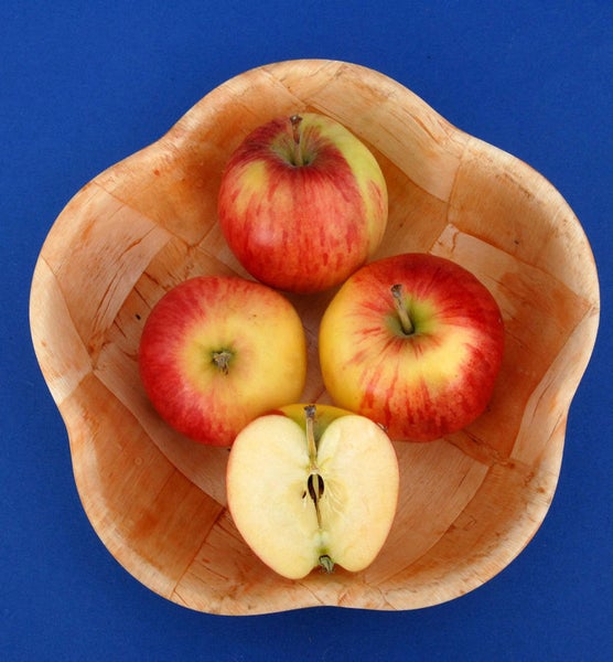 Holzschale mit vier Äpfeln, einer davon halbiert