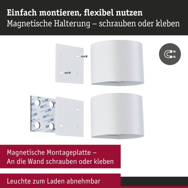Wandleuchte mit magnetischer Montageplatte zum Schrauben oder Kleben inklusive wiederaufladbarem Akku und abnehmbarer Leuchteinheit