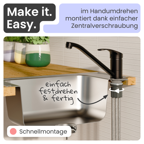Küchenspüle mit schwarzer Armatur und Textinformationen zur einfachen Installation
