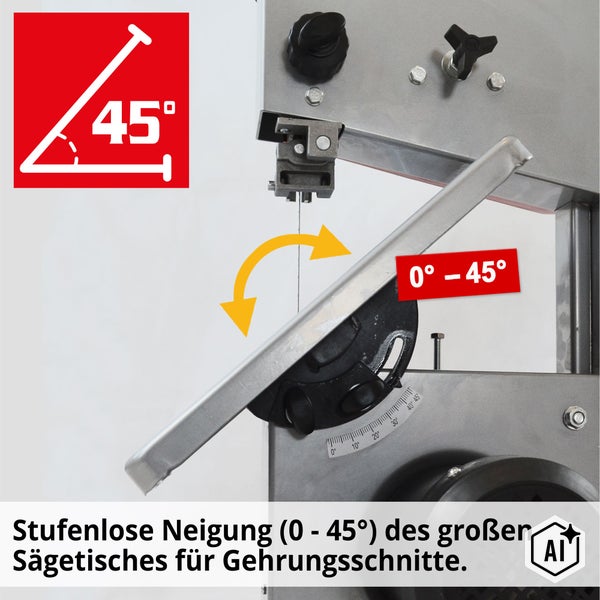 Stufenlose Neigung des Sägetisches von null bis 45 Grad für Gehrungsschnitte bei einer Bandsäge.