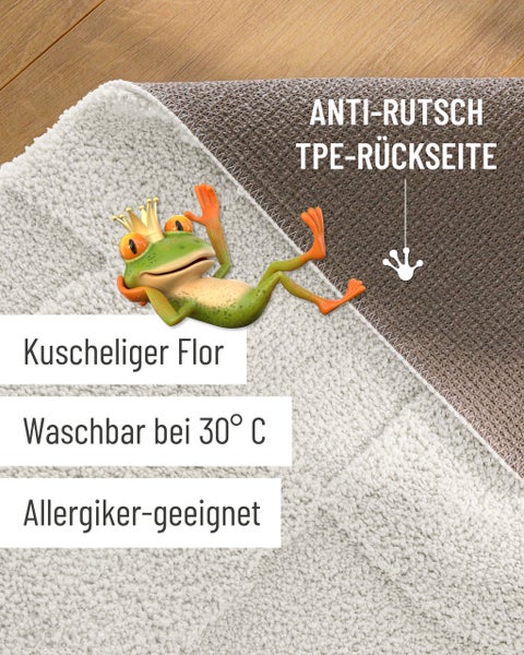 Teppich mit weichem Flor und rutschhemmender TPE-Rückseite, waschbar bei 30 Grad und für Allergiker geeignet.