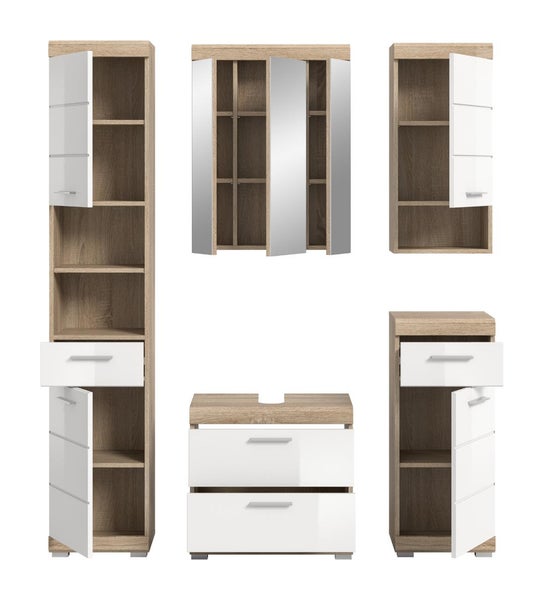 Badezimmermöbel-Set in Eichenoptik mit weißen Fronten bestehend aus Hochschrank Spiegelschrank Waschbeckenunterschrank und Beistellschränken