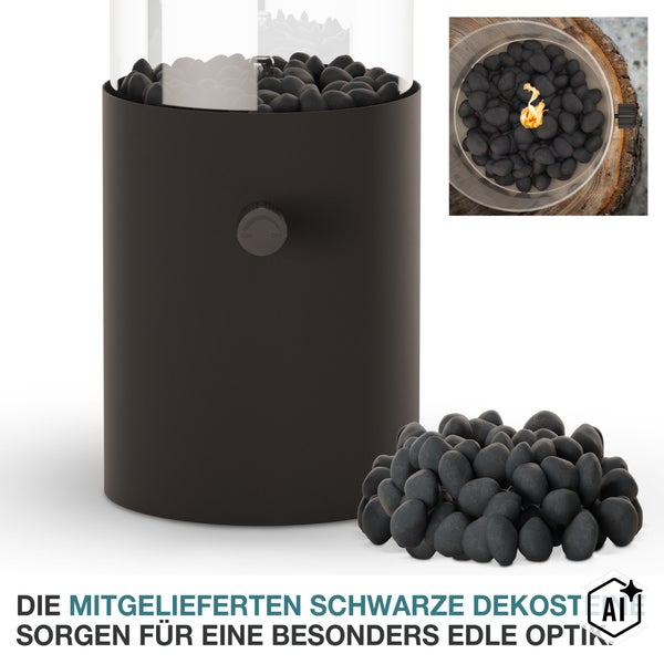 Tischkamin mit Glasaufsatz und mitgelieferten Dekosteinen in runder Form für den Innenbereich