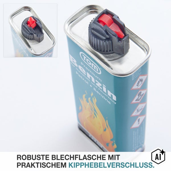 TOM Premium Feuerzeugbenzin in der Metallflasche mit Kipphebelverschluss zur praktischen Dosierung.