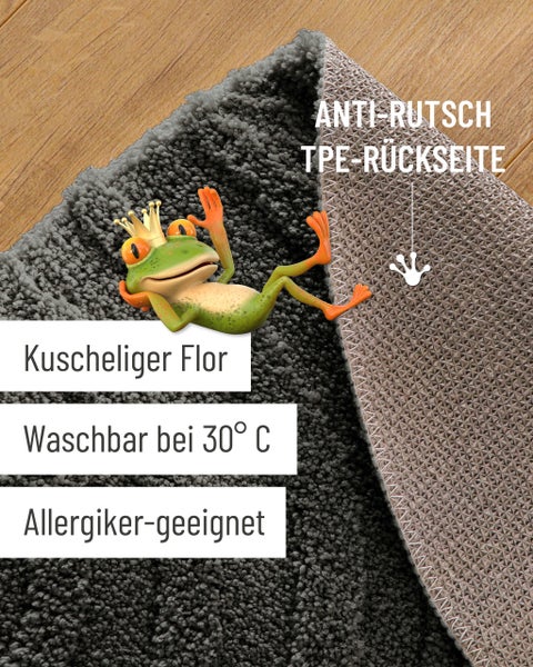 Grauer Teppich mit weichem Flor, rutschhemmender TPE-Rückseite, waschbar bei 30 Grad und für Allergiker geeignet.