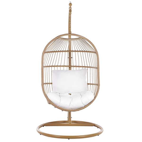 Hängesessel mit Rattanoptik und weißem Kissen