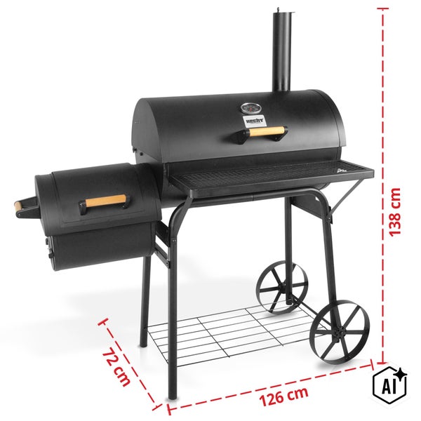 Hecht Smoker Grill mit Räucherkammer und Thermometer, 126 mal 72 mal 138 Zentimeter.