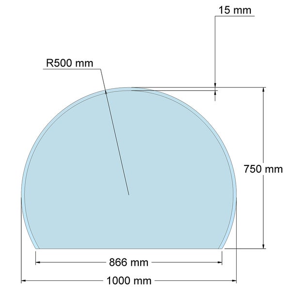 Funkenschutzplatte aus Glas: Breite 1000 Millimeter, Höhe 750 Millimeter, Basis 866 Millimeter, Radius 500 Millimeter, Rand 15 Millimeter.