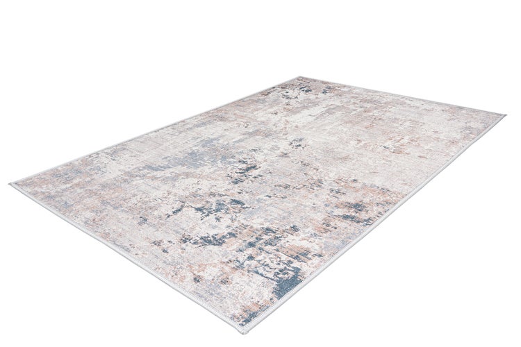 Rechteckiger Teppich mit abstraktem Muster im Vintage-Stil in Blau, Beige und Grau.