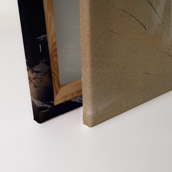 Wandbild als Leinwanddruck auf einem stabilen Holzkeilrahmen montiert, detaillierte Ansicht der Rückseite und Kantenverarbeitung.