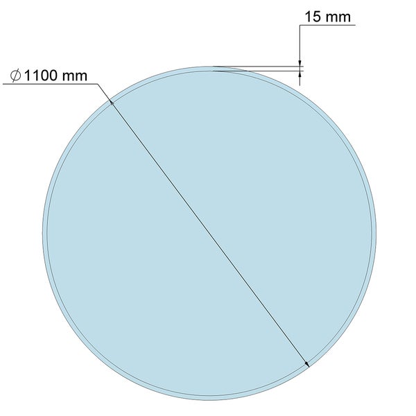 Maßskizze runder Spiegel mit Durchmesser 1100 Millimeter und Randbreite 15 Millimeter.