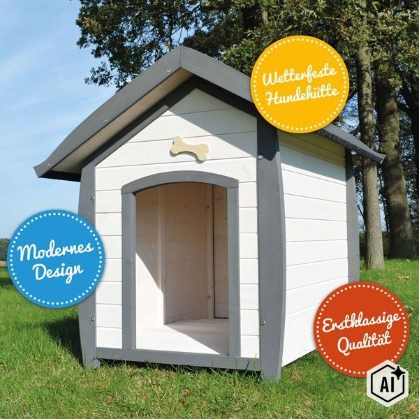 Wetterfeste Hundehütte aus Holz mit modernem Design für den Außenbereich auf einer Wiese.